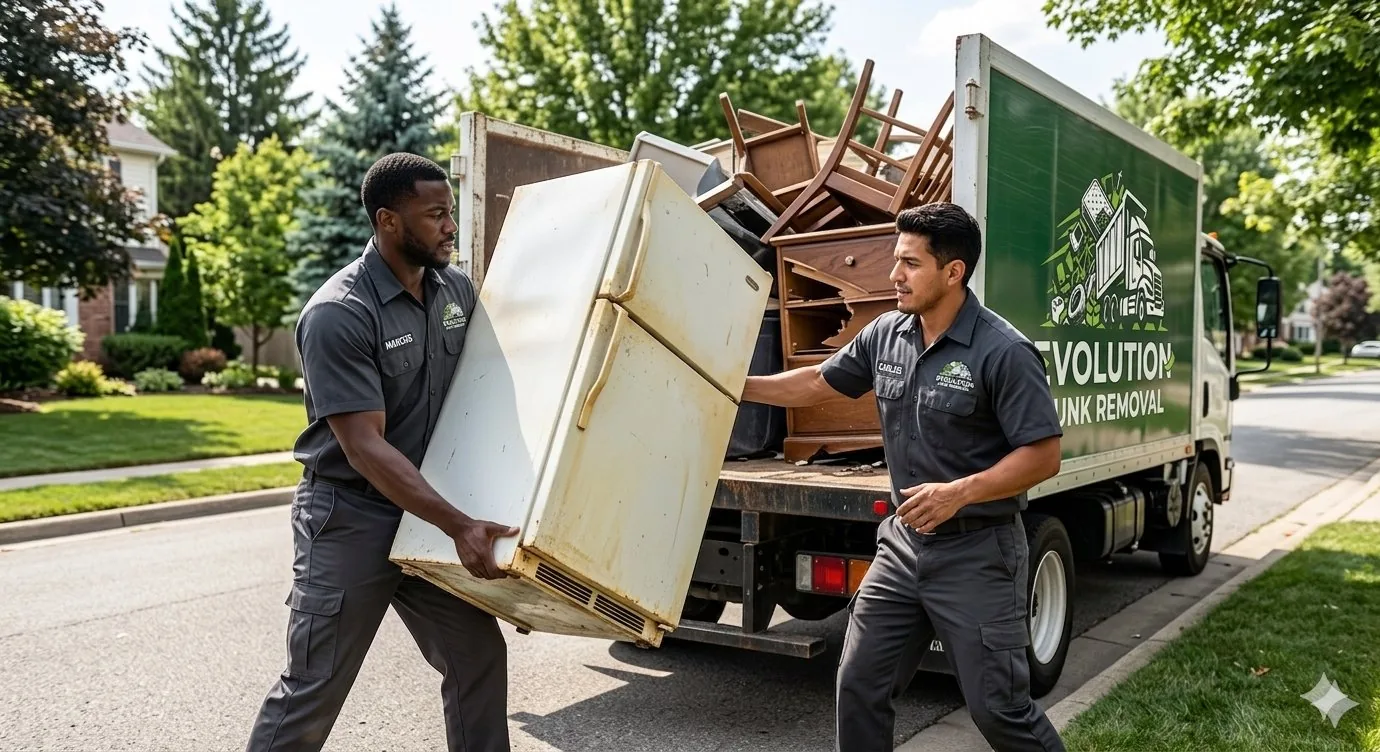 Two Evolution Hauling crew members loading an old refrigerator into a junk removal truck