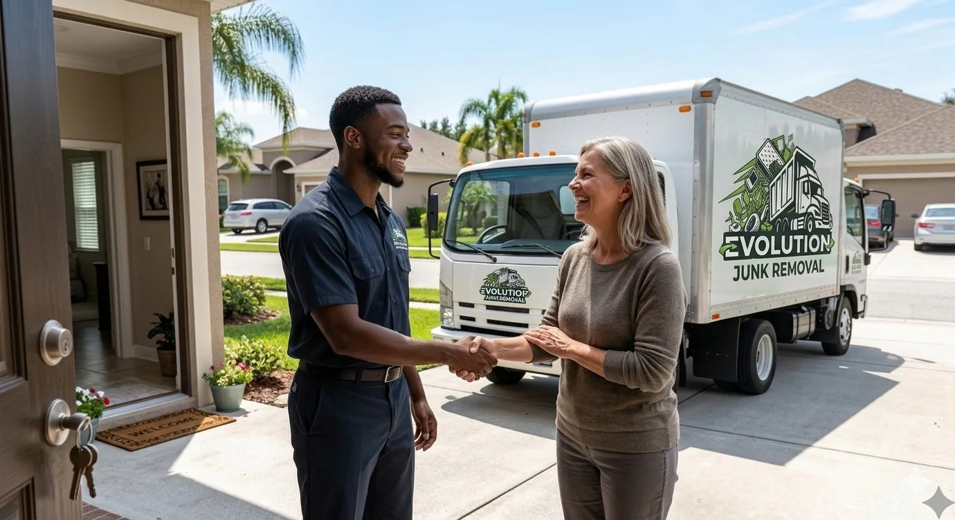 Evolution Hauling crew member shaking hands with a satisfied Powder Springs homeowner after a junk removal job