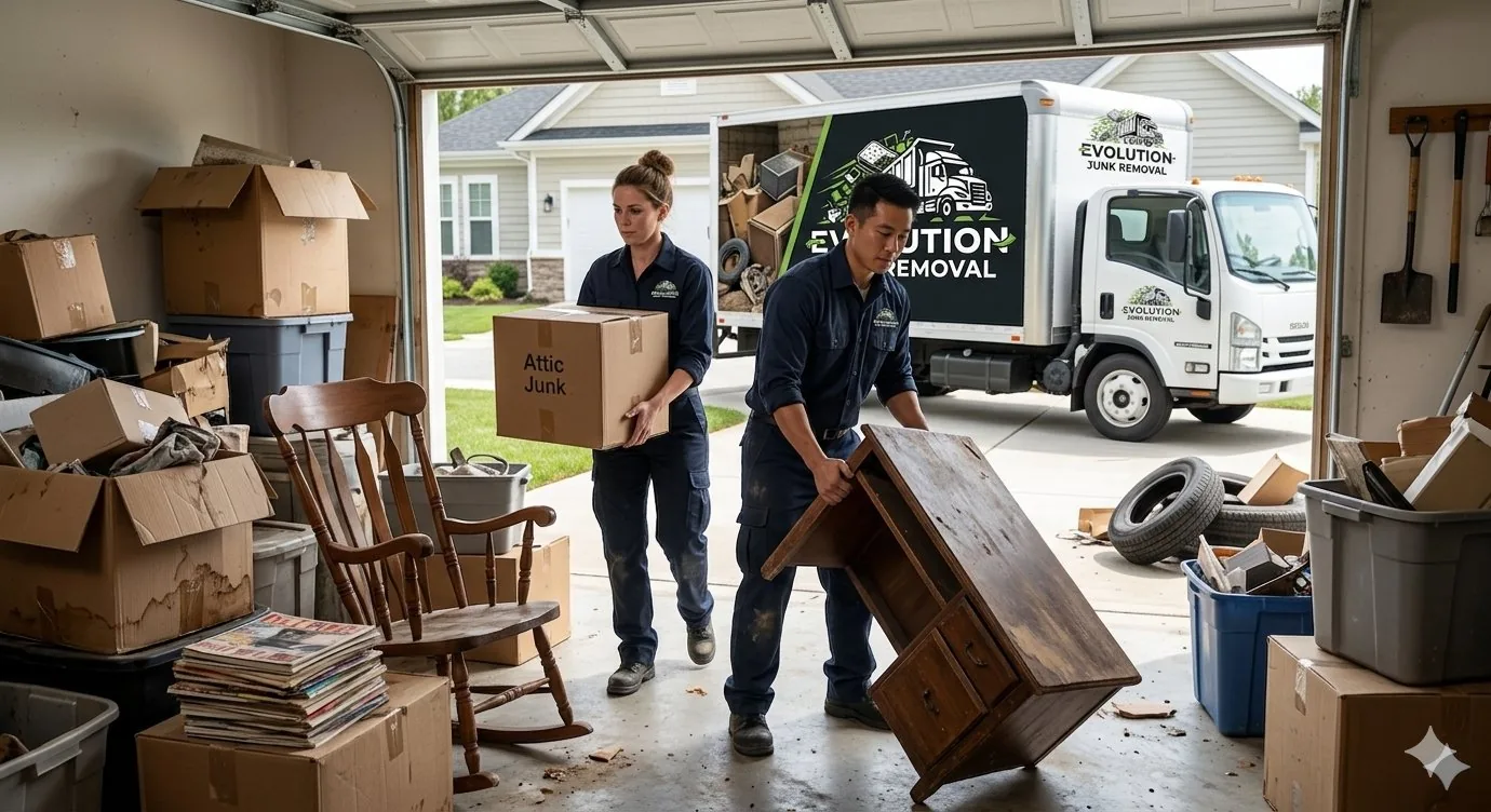 Evolution Hauling crew clearing out a Powder Springs garage full of boxes and old furniture